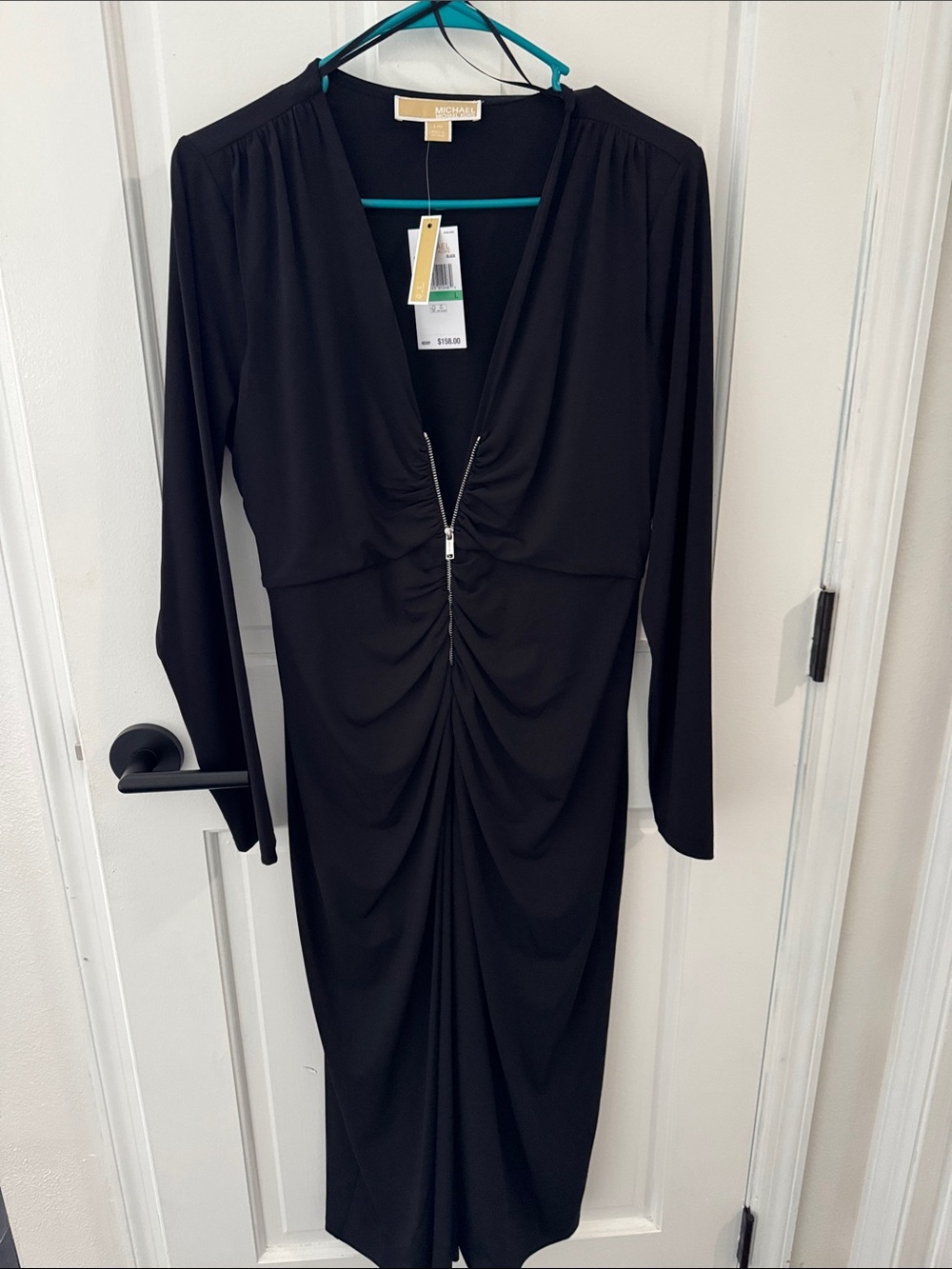Michael Kors Black Long-Sleeve Gathered Front Midi Dress